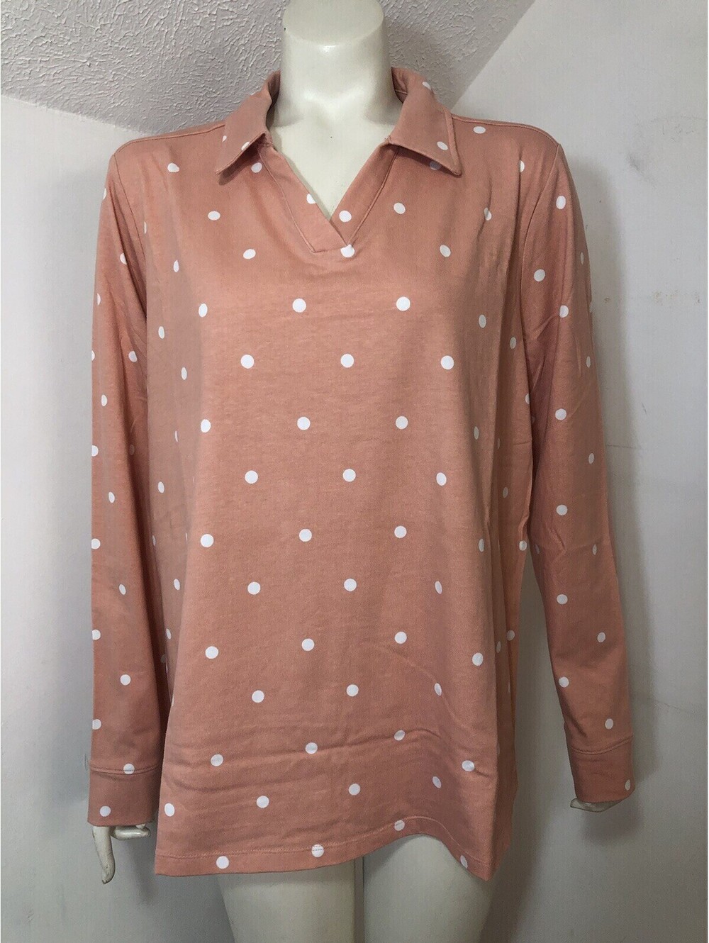 D & Co Denim  Womens Large Top Longsleeved Peach white Polka Dot Collar Tunic